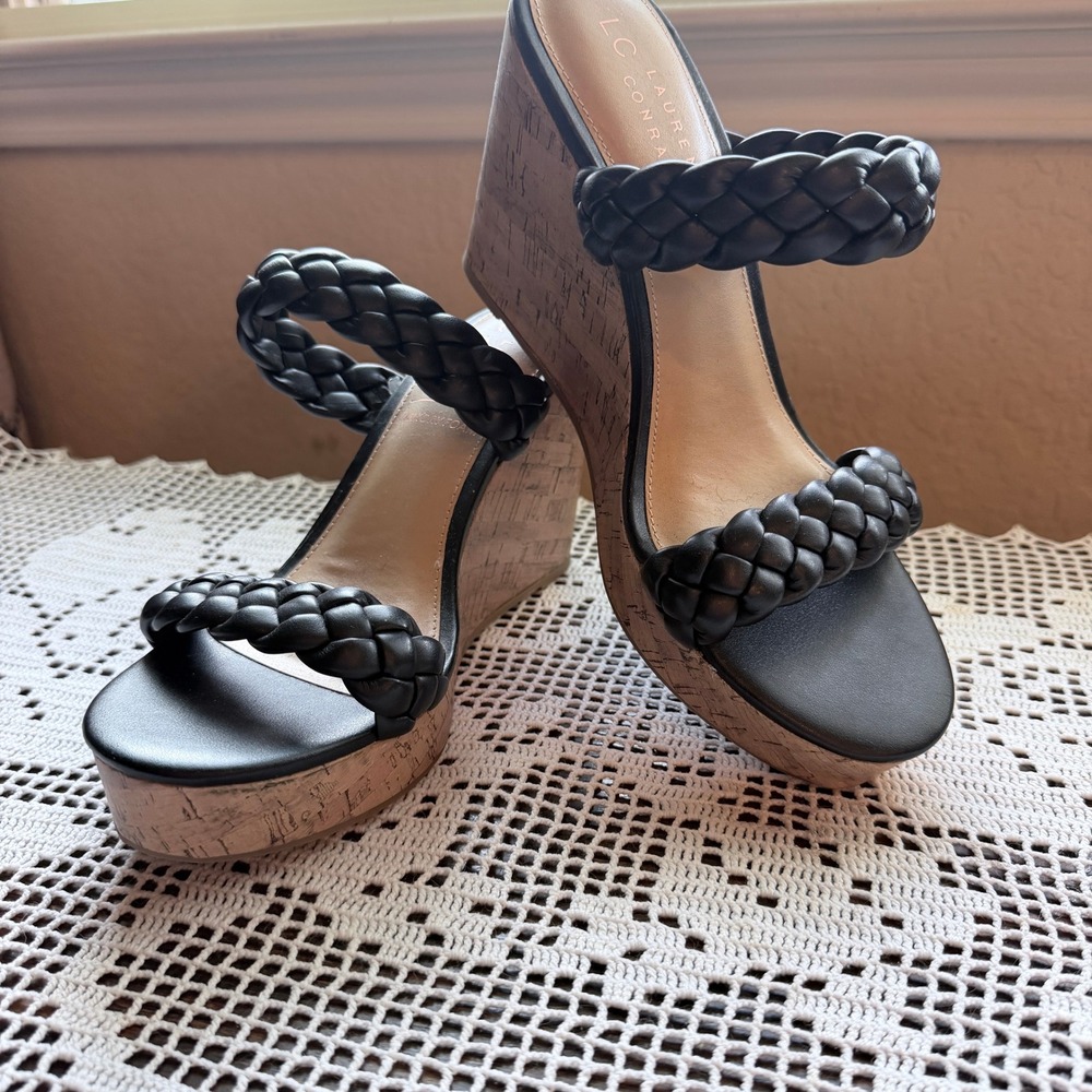 Coastal Chic Black Braided Cork‎ Wedge Sandals Summer Resort Shoes